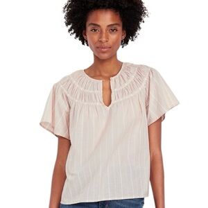 Old Navy Cotton Shirt Short Sleeve Striped Blouse Shirred Neckline Tan/Stripe L